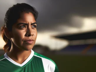 Female soccer player in green kit looking toward horizon with determined expression amid stadium backdrop