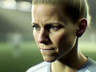 Female footballer showing resilient expression, representing courage and recovery after medical emergency