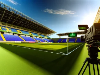 Empty WSL stadium on Saturday afternoon with broadcast camera facing unused pitch under bright daylight