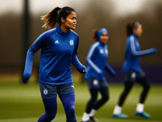 Naomi Girma in Chelsea training kit during session at Cobham