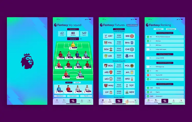 Screenshots of the Premier League fantasy football app showing squad, fixtures, and rankings.