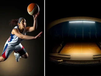 Women's basketball player in action contrasted with empty arena, symbolizing pay gap in women's sports