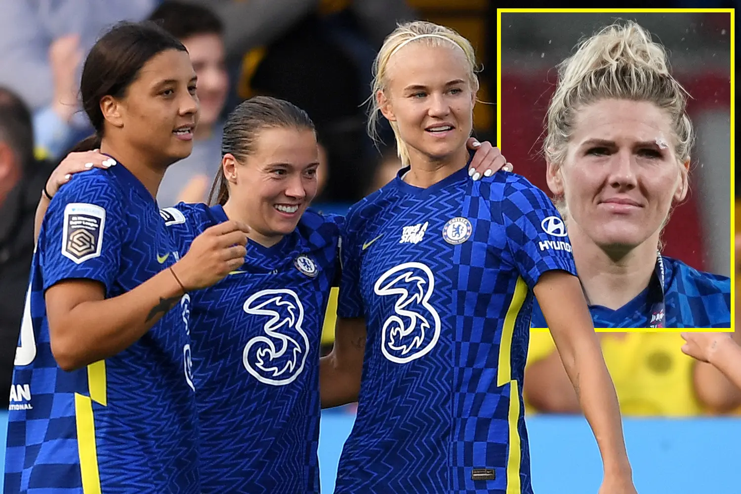 Sam Kerr and Fran Kirby celebrating on the pitch in Chelsea jerseys.