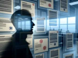 Abstract representation of unauthorized use of identity in legal proceedings, showing fragmented silhouettes and official documents.