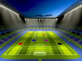 Empty football stadium at twilight with illuminated pitch representing Women's Champions League semi-finals