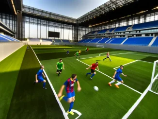 Seven-a-side football match in action at a modern stadium with players in dynamic movement