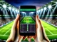 Smartphone displaying fantasy football app with women's football match in background