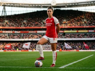 Arsenal Women player in red kit standing confidently on football pitch at Emirates Stadium