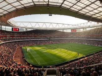 Emirates Stadium interior during Arsenal Women's match showing full pitch and crowd in red seats