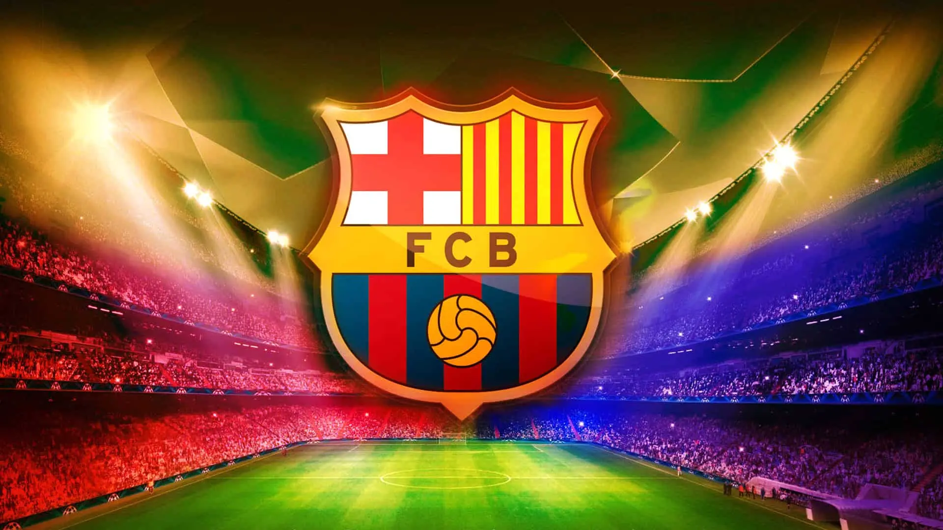 FC Barcelona logo with lights and a football stadium background.