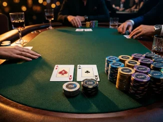 Luxury poker table with stacked chips and cards under dramatic lighting