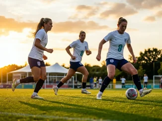 England women's footballers training intensely on pitch in white kits at golden hour