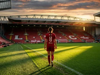 Liverpool FC Women player walking across Anfield pitch at sunset in emotional farewell moment
