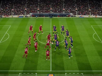 Overhead view of women's football tactical battle in midfield during UWCL final between Lyon and Barcelona