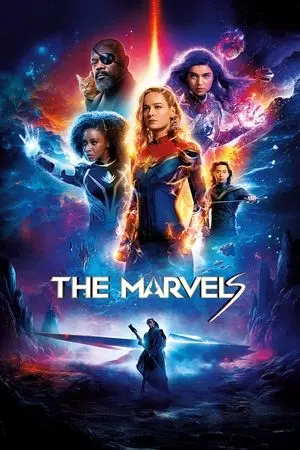Artwork featuring heroes from 'The Marvels' movie in a cosmic setting with colorful effects.