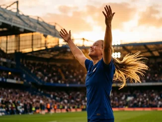 Female footballer in Chelsea blue kit celebrating with arms raised in stadium at golden hour