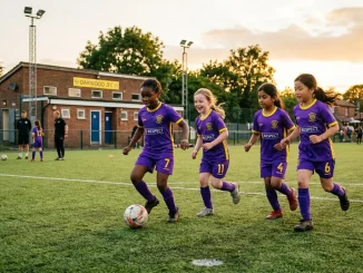 Young girls training on community football pitch at grassroots level with local facilities