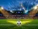 Dramatic stadium scene with football pitch under lights before UEFA Women's Champions League final