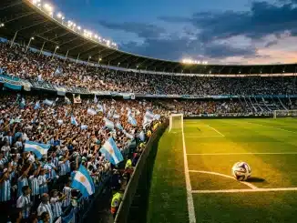 Floodlit stadium at golden hour with Argentine flag colours filling the stands, pristine pitch with match ball on centre spot.