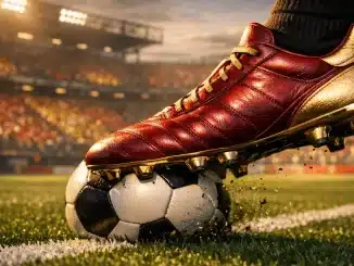 Football boot mid-strike on a floodlit pitch with red and gold stadium atmosphere in background.