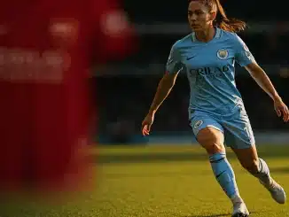 Beth Mead in Manchester City kit representing her transfer from Arsenal to Manchester City in the WSL