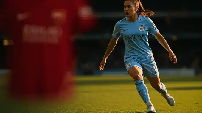 Beth Mead in Manchester City kit representing her transfer from Arsenal to Manchester City in the WSL