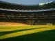 Floodlit stadium at dusk with packed stands and dramatic shadow patterns, golden-hour lighting reflecting yellow-green colour palette.