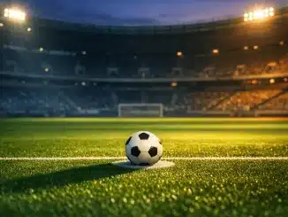 Empty floodlit football pitch with match ball on penalty spot, stadium in evening dusk light