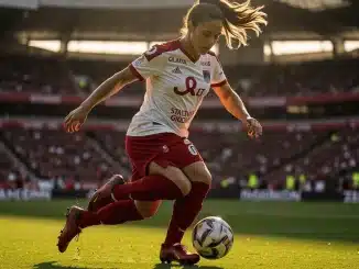 Female footballer in Lyon kit striking ball in stadium, dynamic midfield action shot