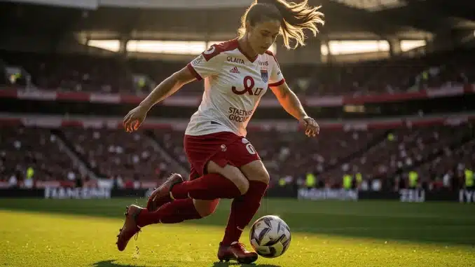 Female footballer in Lyon kit striking ball in stadium, dynamic midfield action shot