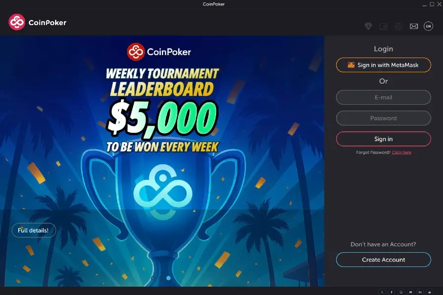 CoinPoker online client login screen featuring a tournament leaderboard and trophy.