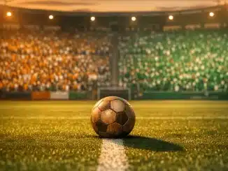Floodlit football stadium with orange and green colour palette, match ball on centre pitch, atmospheric evening lighting.