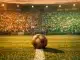 Floodlit football stadium with orange and green colour palette, match ball on centre pitch, atmospheric evening lighting.