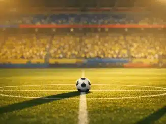 Floodlit stadium pitch with ball on centre spot, bathed in Ecuador-colour lighting—yellow, blue, and crimson tones.