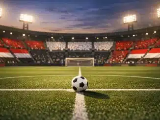 Egyptian flag-coloured stadium sections frame a floodlit pitch with a football on the centre spot, dramatic evening lighting.