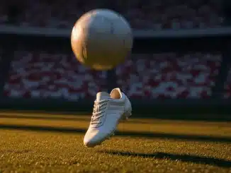 Floodlit stadium corner view with football boot and ball in motion, crowd in white and red sections, evening golden light.