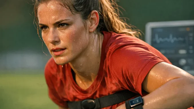 Female footballer during training with performance monitoring equipment, representing health science in women's football