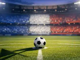 Floodlit stadium pitch at golden hour with football on centre spot and French-coloured stand shadows.
