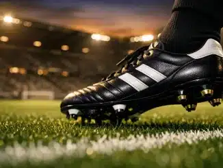 Floodlit football pitch with boot in motion, black and white colour scheme, empty stadium stands at evening light.