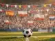 Stadium stands with national flags and bunting under floodlights, match ball on centre spot, evening kickoff atmosphere.