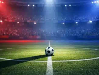 Floodlit football pitch with Haiti's blue and red colour scheme, ball on centre spot, dramatic stadium lighting.