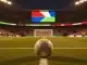 Soccer stadium with ball on pitch under floodlights and packed stands at twilight