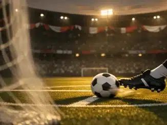 Floodlit stadium pitch at golden hour with red, white, and black bunting, football boot striking ball on centre circle.