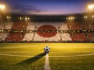 Floodlit stadium at dusk with red and white crowd sections, ball on centre spot, golden evening lighting and dramatic shadows.