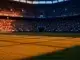 Empty floodlit football stadium pitch at sunset with dramatic shadows, packed blurred stands, atmospheric golden-hour lighting.