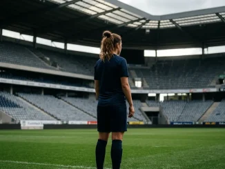 Female footballer standing alone in empty stadium, contemplative pose emphasizing isolation and emotional weight