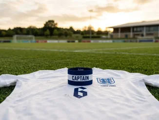 England captain's armband on white jersey symbolizing Leah Williamson's absence from World Cup qualifiers