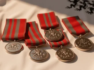 Six MBE medals on white silk representing Lionesses players' honours for Euro 2025 triumph