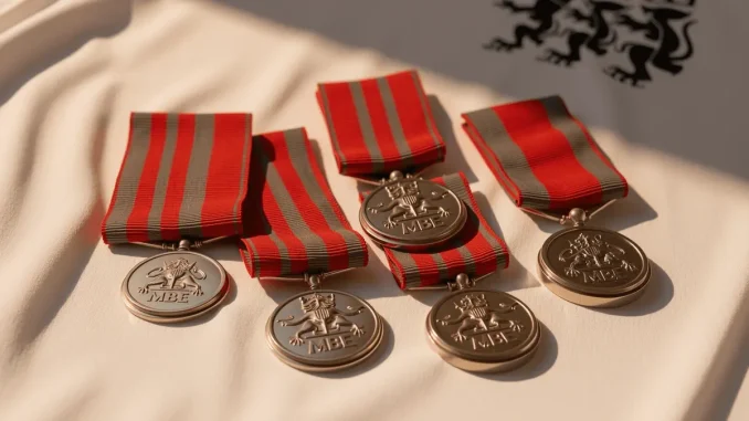 Six MBE medals on white silk representing Lionesses players' honours for Euro 2025 triumph