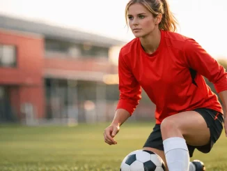 Female footballer in Manchester United kit at training ground ready for defensive play